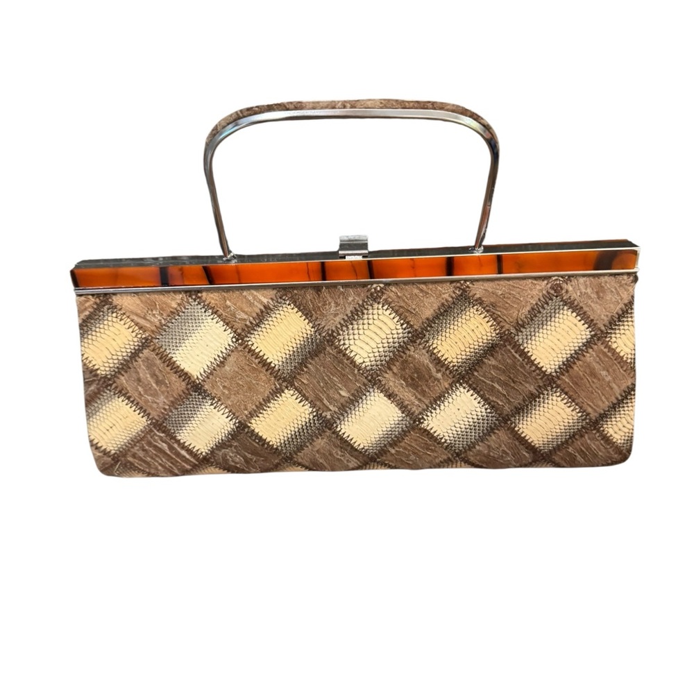 Elegant Brown and Cream Checkered Handbag - Picture 3 of 5